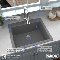 Karran QT-820 Top Mount 25" Single Bowl Quartz Kitchen Sink Kit, Grey
