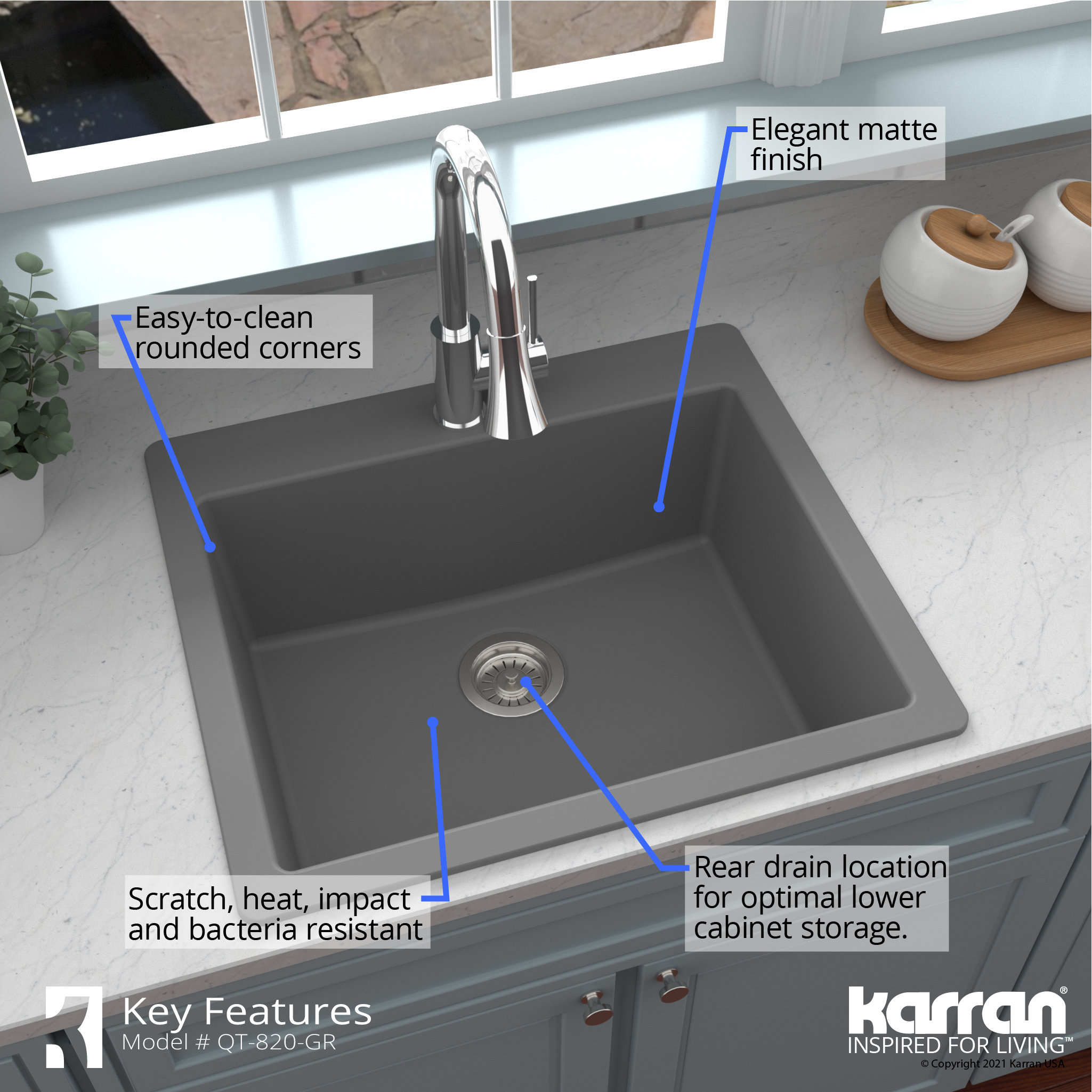 Karran QT-820 Top Mount 25" Single Bowl Quartz Kitchen Sink Kit, Grey