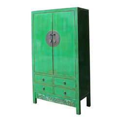 Chinese Distressed Emerald Green Tall Wedding Armoire Wardrobe TV Cabinet - Armoires And Wardrobes