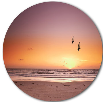Beach Sunset And Sea Gulls, Seashore Disc Metal Wall Art, 23"