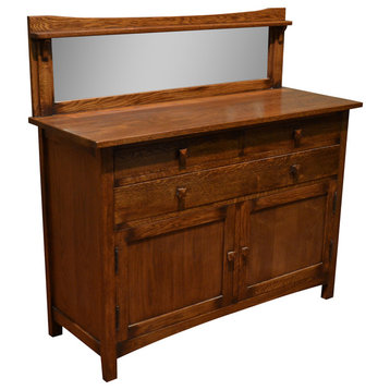 Mission Solid Oak Sideboard Buffet With Back Mirror