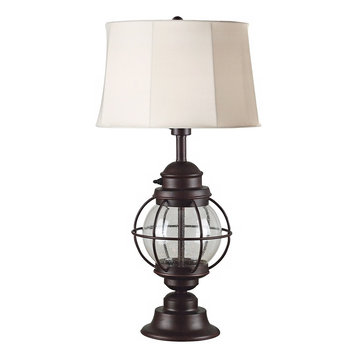 Hatteras Outdoor Table Lamp, Gilded Copper With Seeded Glass Finish