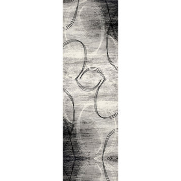 Rug Branch Modern Abstract Swirls Grey Black Indoor Runner Rug - 3'x8'