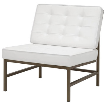 Modern Accent Chair, Bronze Frame With Tufted Bonded Leather Seat, White