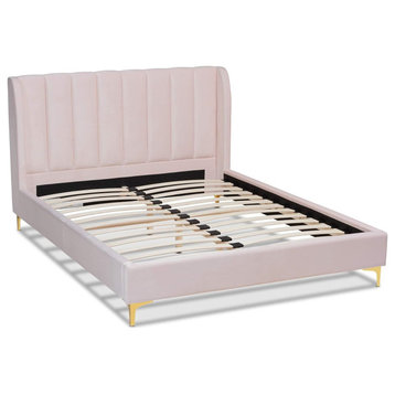 Queen Platform Bed, Channel Tufted Headboard With Metal Legs, Light Pink