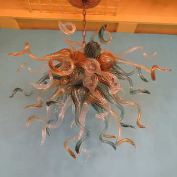 Blown Glass Chandelier - Art Glass Chandelier - Art Glass Lighting - Teal  Amber