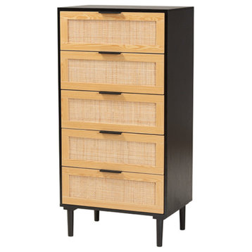 Maureen Modern Espresso Brown Wood And Rattan 5-Drawer Storage Cabinet