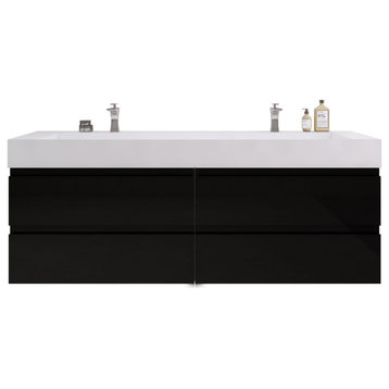 Monterey 72" Double Sink Wall Mounted Vanity, Acrylic Sinks, High Gloss Black