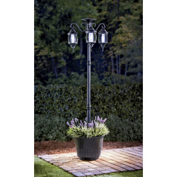 6.6' Tall Solar Lamp Post and Planter, 3 Heads, White Leds, Black