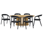 Armen Living - Pasadena Apache 7-Piece Oval Dining Set, Natural Black Oak Finish Faux Leather - Introducing the Pasadena Apache 7 Piece Oval Dining Set. This set includes the 1 Pasadena oval dining table and 6 Apache dining chairs. Crafted with meticulous attention to detail, the oval shape of the table brings a touch of sophistication, creating a dynamic focal point for gatherings in your dining room. With a generous tabletop length of 79 inches and a width of 43 inches, this dining room table provides ample space for family dinners or entertaining guests. This table features a beautiful solid wood base and concrete bottom for added stability. The Apache chairs showcase a sophisticated blend of Black Oak Wood and Faux Leather, creating a sleek and timeless aesthetic. The upholstered dining chair design provides both comfort and style. Their contemporary design ensures they seamlessly integrate into various interior styles, elevating the ambiance of any space. The versatility of these chairs extends beyond the dining room; they make for stylish additions such as vanity chairs or accent pieces, enhancing the aesthetic appeal of any room. The retro allure of mid-century design is present in the slatted paneling on the column structure of the pedestal base, further elevating its appeal, whilst lending its unmistakable character and attractive, architectural-like quality. This 7-piece dining set comes complete with the Apache Black Oak Wood and Faux Leather Dining Chairs and one of 3 different color variations for the Pasadena table. This oval dining table is available in an all-black oak finish, an all-natural oak finish, or a walnut tabletop finish with a black base to suit any room.