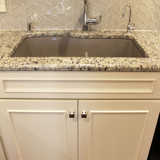 Medallion Painted White Chocolate Kitchen Cabinets with Petal Mosaic Backsplash