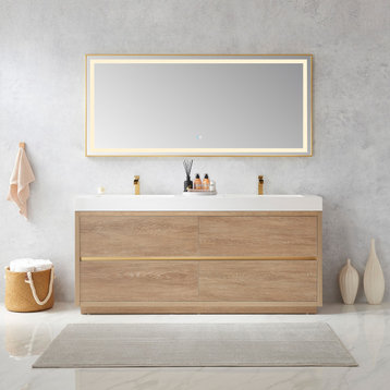 Huesca Bath Vanity, Integrated Sink Top, North American Oak, 72", Without Mirror