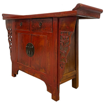 Consigned Antique Chinese Red Lacquered Console Table, Sideboard