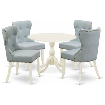 5Pc Dining Set, 1 Drop Leaves Table, 4 Baby Blue Parson Chairs, Linen White