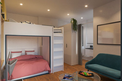 На фото: маленькая открытая гостиная комната в стиле модернизм с белыми стенами, темным паркетным полом и бежевым полом без камина для на участке и в саду с