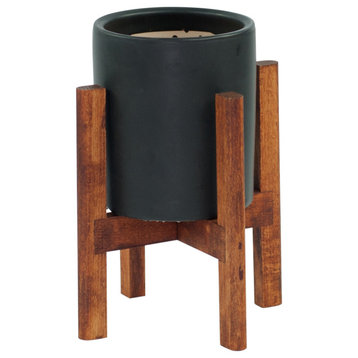 Modern Ceramic Cylinder Pot 5'' Black With Wood Plant Stand Walnut Color