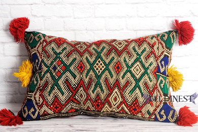 Throw Pillow- Multicolored Moroccan Vintage Kilim Pillow - Stuffed Pom Pom Decor