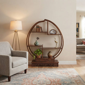 Oriental Circular Peach Shape Brown Wood Display Cabinet Room Divider ws4999