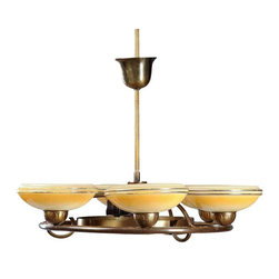 Swedish Art Deco Brass Mounted Six-Light Glass Chandelier - Chandeliers