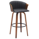 Armen Living - Diana 26" Swivel Walnut Wood Counter Stool, Black Faux Leather, 30 - Elevate any corner with the chic style and linger-worthy comfort of our Diana Upholstered Swivel Bar or Counter Stool. The stylish bar stool utilizes bentwood construction to sculpt a stunning barrel back to envelope you in comfort. Its graceful curves are complemented by bentwood legs and a metal ring that acts as a footrest for added comfort and functionality. Finished off with a padded seat and stunning tufting detail on the back, our counter stool allows you to enjoy meals and conversations at a bar or high-dining table with style and comfort. It is available in both faux leather and fabric upholstery to provide an easy-care material for your home. This wood bar stool features a modern and versatile design ideal for your kitchen island, pub table, home bar, or adjustable desk. With durable and sturdy construction, our bar stool can be used anywhere from a kitchen to a home office. It is fitted with a wonderful 360-degree swivel function with a smooth gliding system, allowing you to change direction and follow conversations with ultimate ease. The Diana swivel bar or counter stool easily incorporates into any home and is available in your choice of 26-inch or 30-inch seat height in a walnut wood finish with gray, cream, and black faux leather upholstery, and black wood finish with gray faux leather and light gray fabric upholstery.