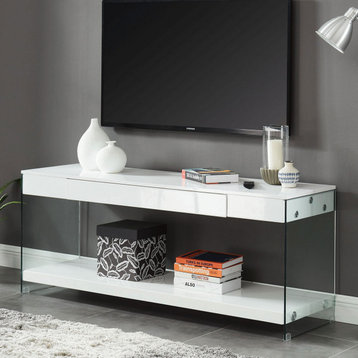 Contemporary Style Plastic TV Stand with Glass Side Panels, White