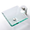 Square Clear Glass Vessel 19mm thick Bathroom Sink, PU Drain, Mount Ring, Nickel