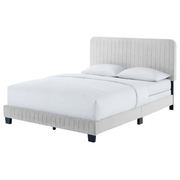 Tufted Platform Bed Frame, Twin Size, Velvet, Grey Gray, Modern Contemporary