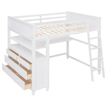 Gewnee Full size Wood Loft Bed with Drawers and Desk in White