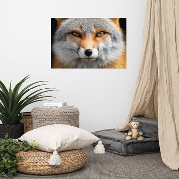 Farmhouse Wall Decorations: Amber Eyes Gray Fox Photorealism Painting