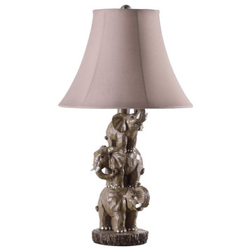 21" Brown Elephant Trio Table Lamp With Brown Bell Shade