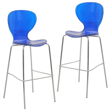 LeisureMod Oyster Acrylic Barstool With Steel Frame Set of 2, Transparent Blue