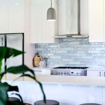 Coastal Kitchen with Blue Tiled Splashback