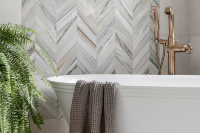 Example of a large transitional master gray tile bathroom design in Philadelphia with shaker cabinets, gray cabinets, quartz countertops, white countertops and a built-in vanity