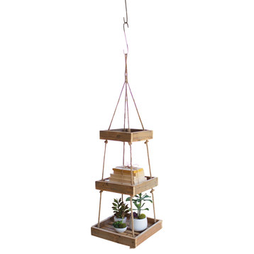 3-Tiered Tray Hanging Display Natural Recycled Wood Jute Rope Plant Shelves