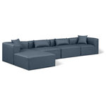 Meridian Furniture - Cube Upholstered Modular Sectional, Navy, 5-Piece: 2 Armless Chair, 2 Corner Chair, 1 Ottoman, Vegan Leather - Elevate your space with the luxurious Cube Vegan Leather Modular Sectional. This modular sectional exudes modern elegance, charm, and comfort making it a perfect addition to any contemporary living space. Its clean lines and cube shape are reminiscent of minimalist design, while the plush navy vegan leather upholstery adds a touch of luxury and sophistication. The chair's versatile construction and geometric aesthetic seamlessly integrate into various design styles, from sleek living rooms to chic home offices, embodying the essence of modern design and creating a sense of order and tranquility in your space.
