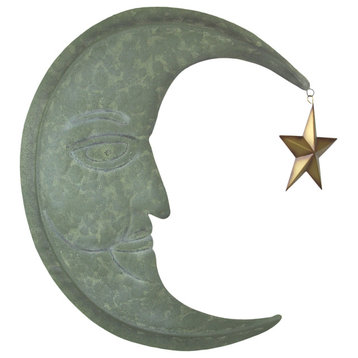 Weathered Verdigris Green Finish Metal Crescent Moon Wall Hanging Star Dangler