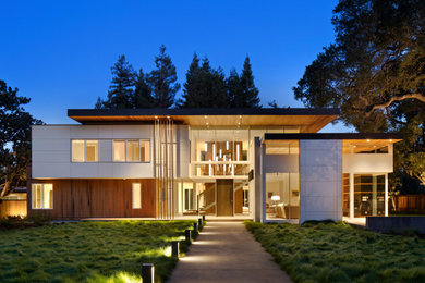 Large minimalist white two-story concrete fiberboard exterior home photo in San Francisco with a green roof and a gray roof