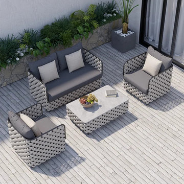 4Pcs Aluminum & Rope Outdoor Sofa Set with Faux Marble Coffee Table and Cushion
