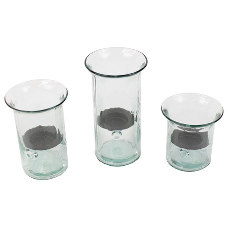 Recycled Glass Hurricane Votive Candle Holder 3-Piece Set Rustic Metal Insert