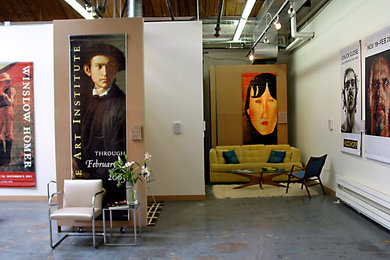 Large trendy loft-style concrete floor living room photo in San Francisco