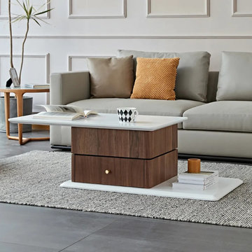 Rectangular Swivel Extendable Coffee Table with 2-Drawer in White & Walnut