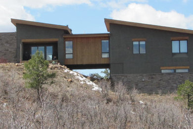 Large trendy gray one-story mixed siding house exterior photo in Albuquerque with a shed roof