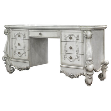 Traditional Vanity Table, 7 Storage Drawers & Oversized Scrolled Legs, Off-White