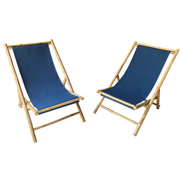 Folding Bamboo Relax Sling Chair - Set of 2, Navy