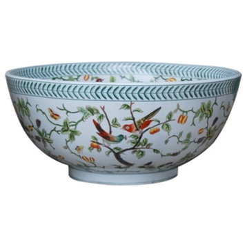 Beautiful Floral Bird Motif Porcelain Bowl 14"