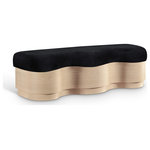 Meridian Furniture - Savoy Upholstered Bench, Black, Velour Fur Fabric, Natural Finish - The bold and artistic Savoy black velour fur fabric upholstered bench brings a unique wave-like design to your space. Plush velour fur fabric atop creates a soft, luxurious seating experience, while the sculptural wooden base in a natural finish adds a playful yet sophisticated touch. Perfect for those seeking to make a statement, it blends form and function, offering comfort and style in one eye-catching piece.