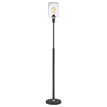 Luken Two Tone Floor Lamp, Black, Antique Bronze With Seeded Glass Shade