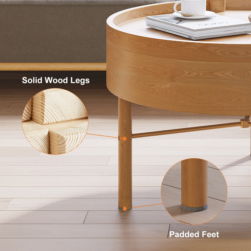 Modern Round Wood Rotating Tray Coffee Table With Storage, Natural