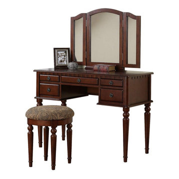 Benjara 43" Modern Wood Vanity Set Featuring Stool and Mirror in Brown