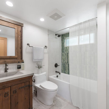 Santa Ana Hallway Bathroom Remodel – Rustic Wood Vanity and Modern Tile Design